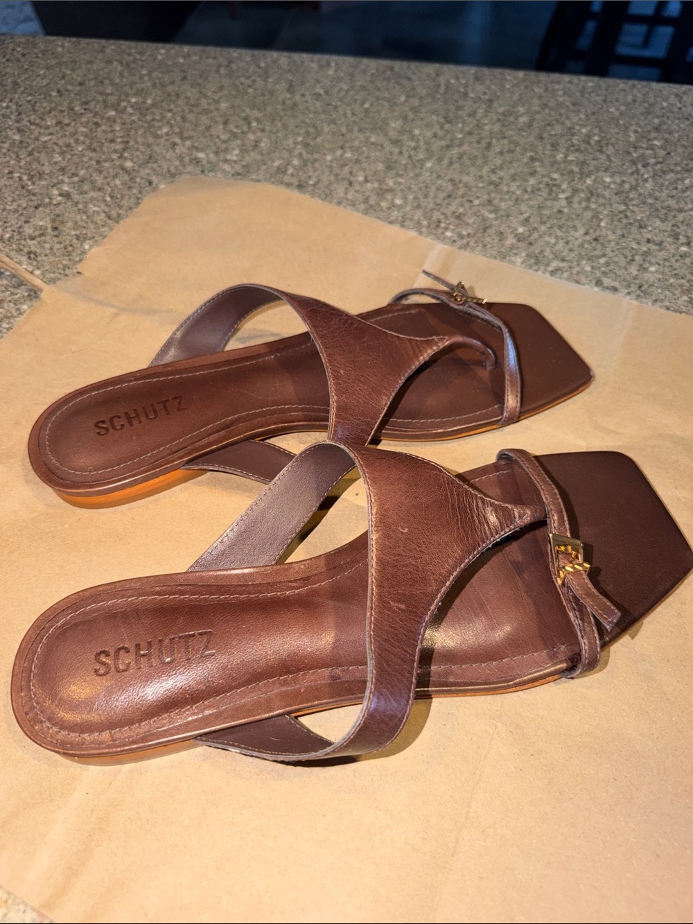 SCHUTZ Brown Leather Cross-Strap Slide Sandals